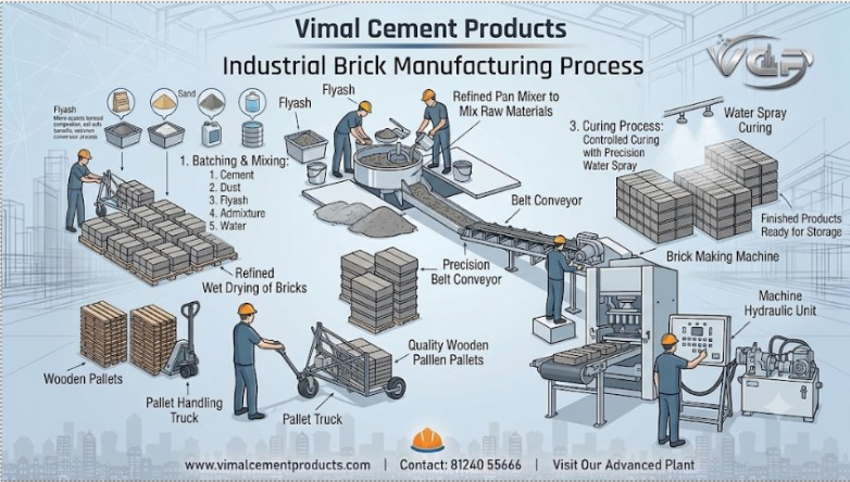 Workers manufacturing fly ash bricks with a block-making machine at VCP